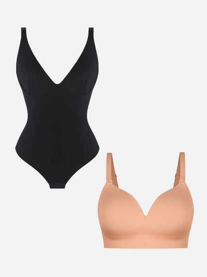 V Neck Shaping Bodysuit + Push-Up Seamless Bra