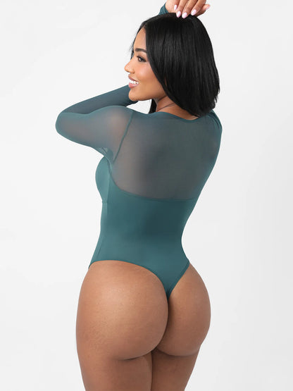 Mesh Panel V-Neck Thong Bodysuit