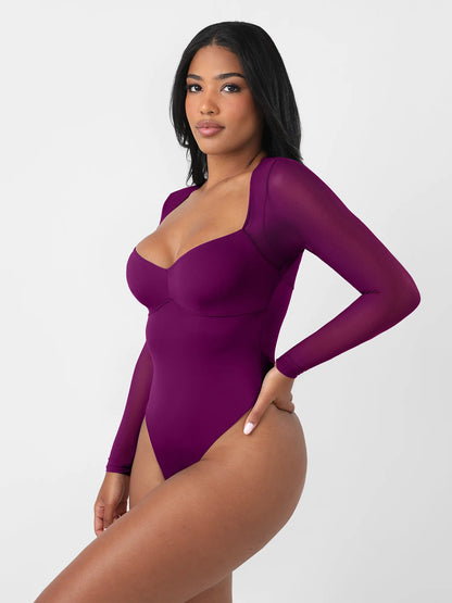Mesh Panel V-Neck Thong Bodysuit