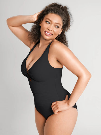 Deep V Metal Ring Ruched Sculpting Swimsuit