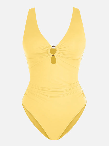 Deep V Metal Ring Ruched Sculpting Swimsuit