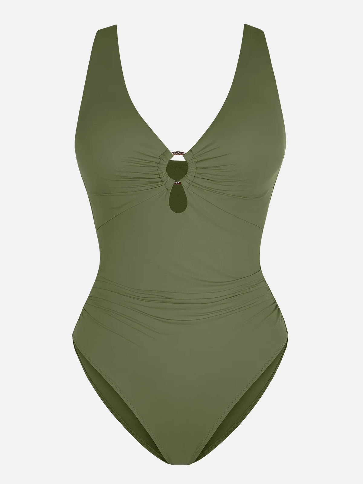 Deep V Metal Ring Ruched Sculpting Swimsuit