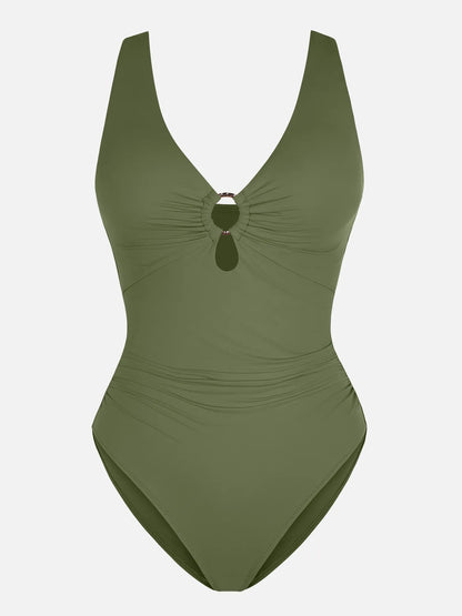 Deep V Metal Ring Ruched Sculpting Swimsuit
