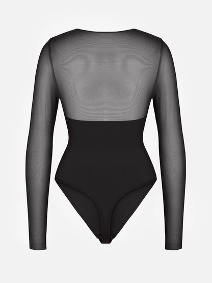 Mesh Panel V-Neck Bodysuit